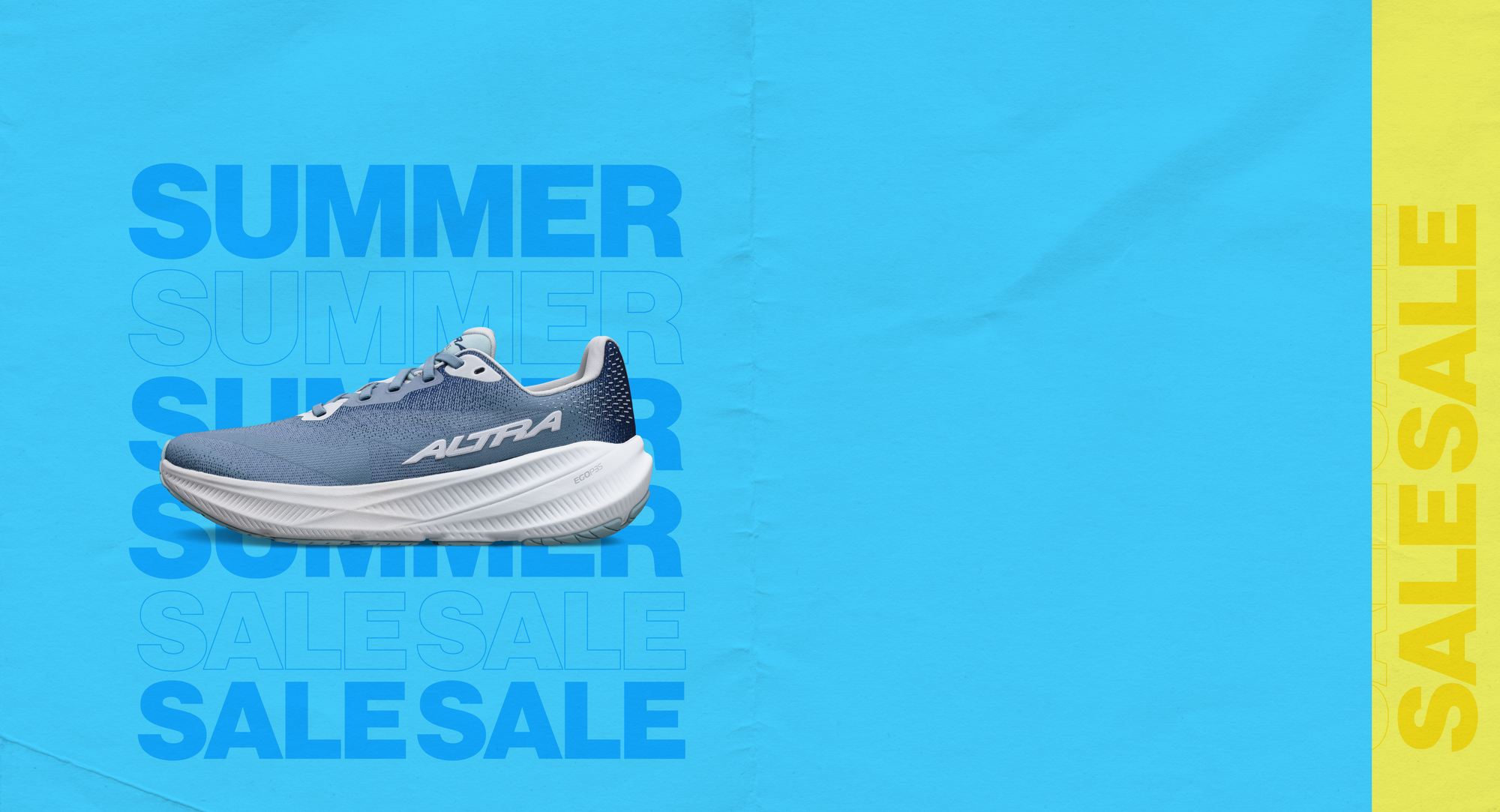 Altra running Experience Flow 3 in Light Blue on blue and yellow background with ’Summer Sale’ text.